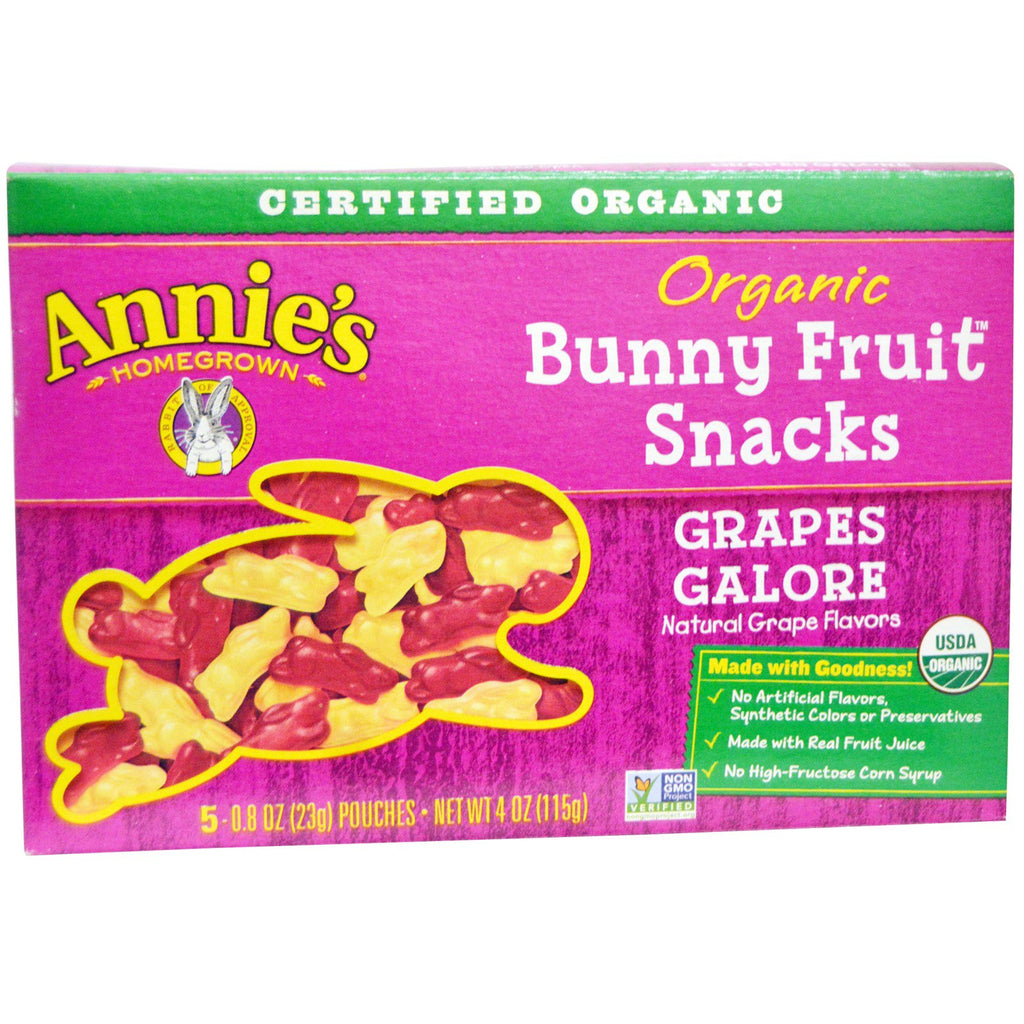 Annie's Homegrown, Bunny Fruit Snacks, Druiven in overvloed, 5 zakjes, elk 23 g