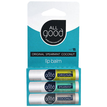 All Good Products, Lip Balm, SPF 15, Original, Spearmint, Coconut, 3 Pack, 4.25 g Each