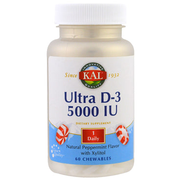 KAL, Ultra D-3, sabor natural a menta con xilitol, 5000 UI, 60 masticables