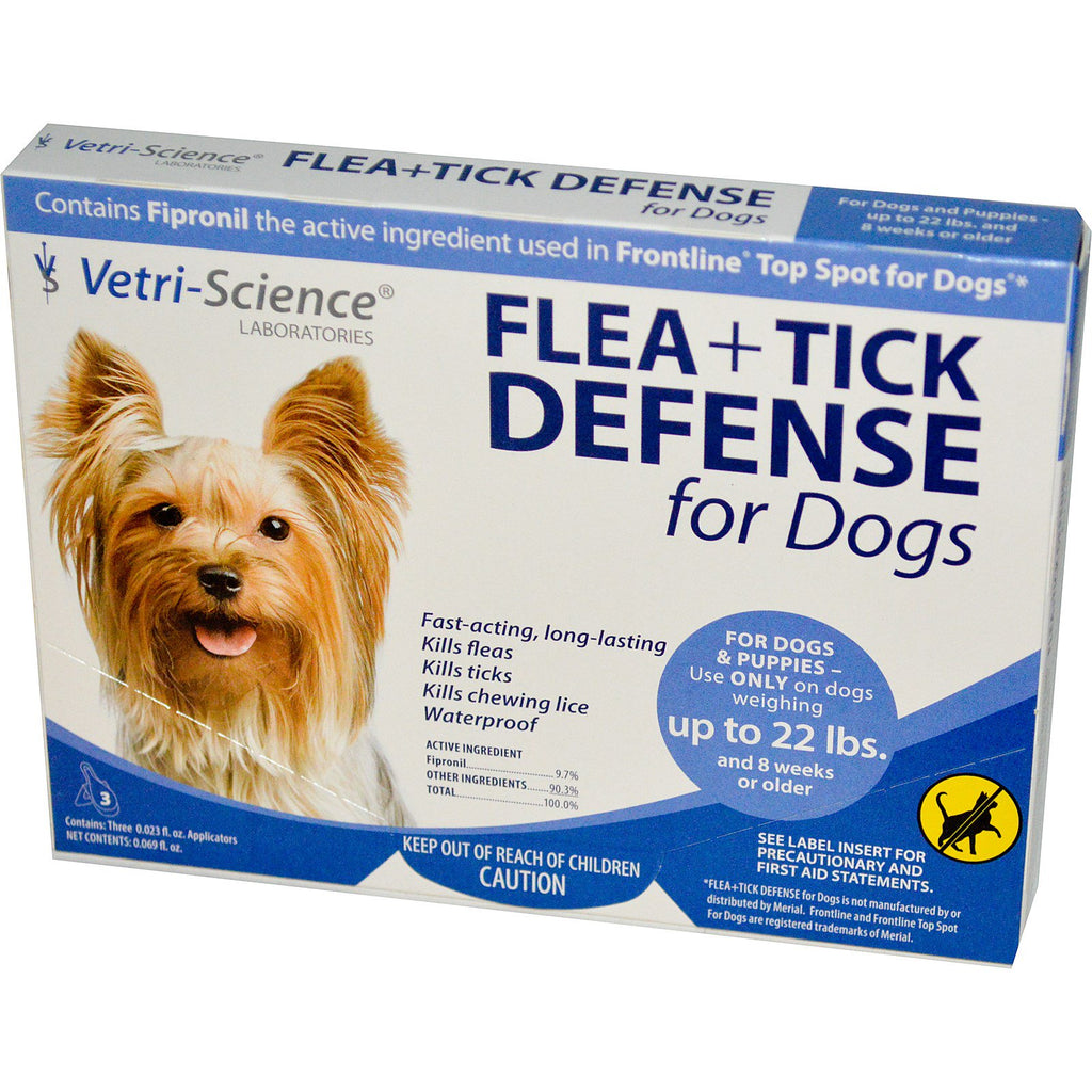 Vetri-Science, Flea + Tick Defense för hundar upp till 22 lbs., 3 applikatorer, 0,023 fl oz vardera