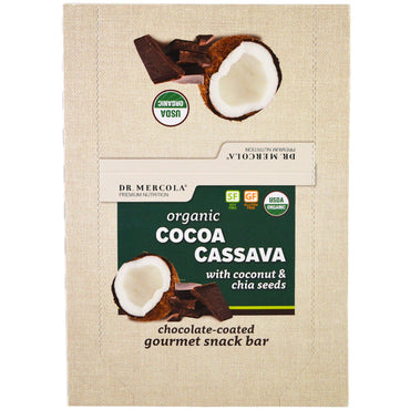 Dr. Mercola, Mandioca y cacao con semillas de coco y chía, 12 barras, 44 g (1,55 oz) cada una