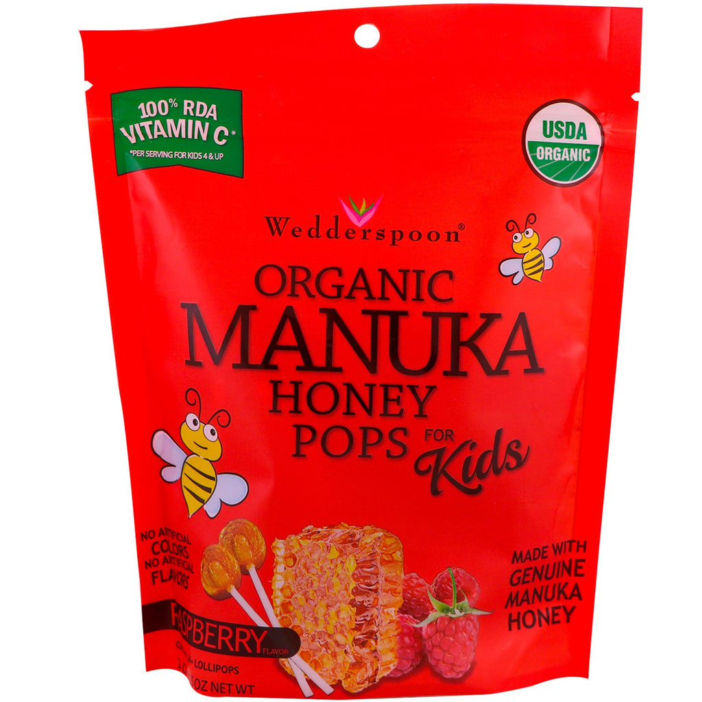 Wedderspoon Manuka Honey Pops voor kinderen Framboos 24 tellen 4,15 oz