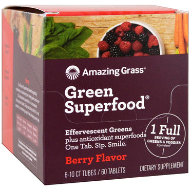 Hierba increíble, superalimento verde, verduras efervescentes, sabor a frutos rojos, 6 tubos, 10 tabletas cada uno
