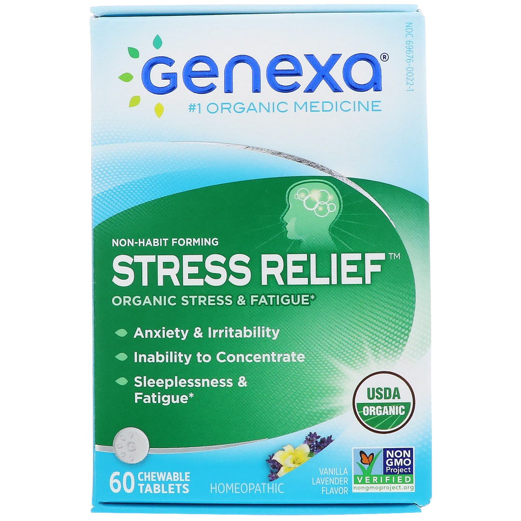 Genexa ยาบรรเทาความเครียด ความเครียดและความเหนื่อยล้า รสวานิลลาลาเวนเดอร์ 60 เม็ดเคี้ยว
