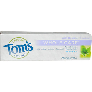 Tom's of Maine, Whole Care Fluoride Toothpaste, Spearmint, 4.7 oz (133 g)