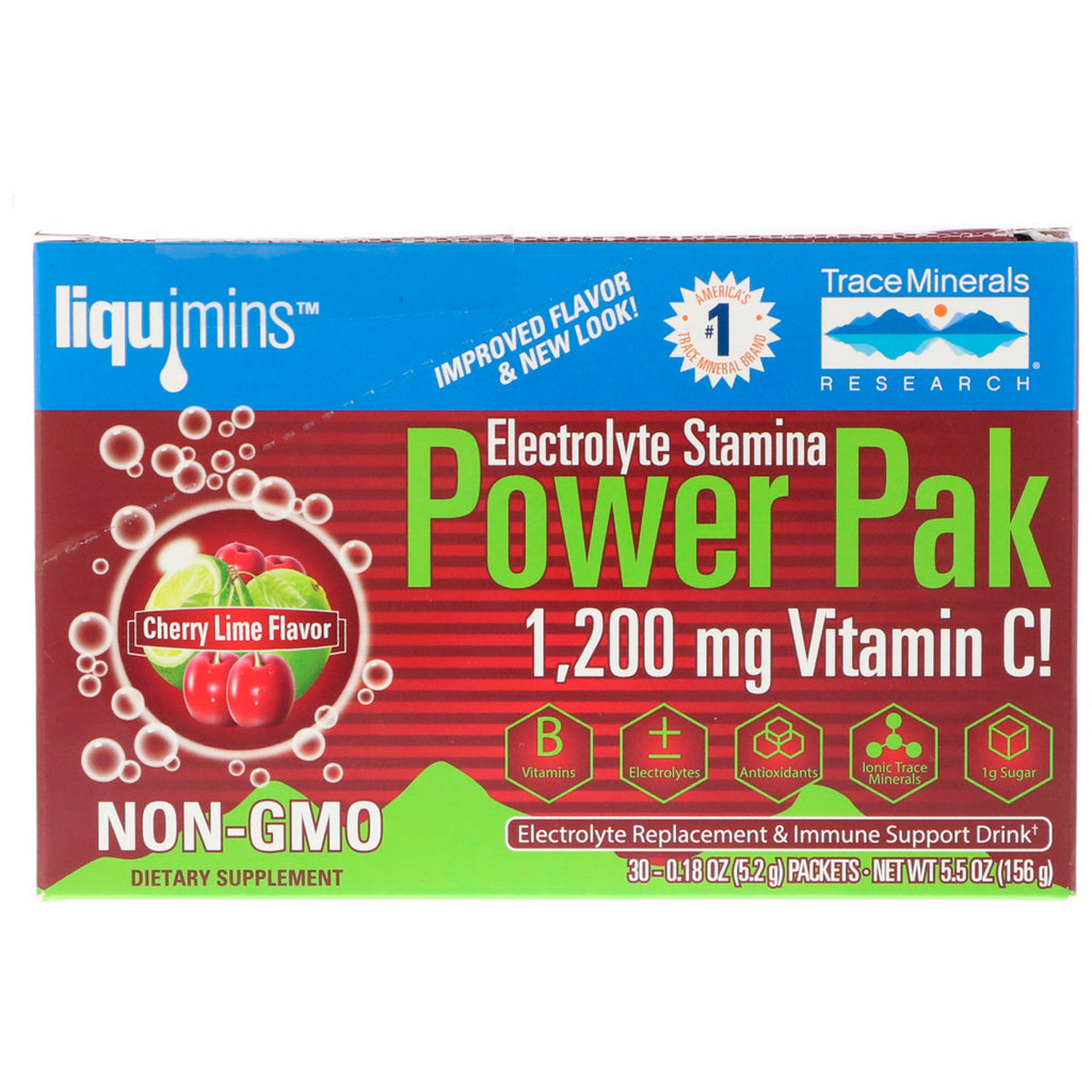 Trace Minerals Research, Electrolyte Stamina, Power Pak, Cherry Lime, 1200 mg, 30 Packets, 0.18 oz (5.2 g) Each