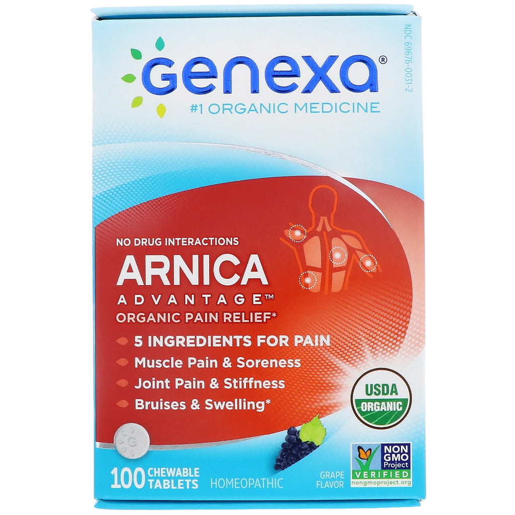Genexa, Arnica Advantage, Soulagement de la douleur, Saveur raisin, 100 comprimés à croquer
