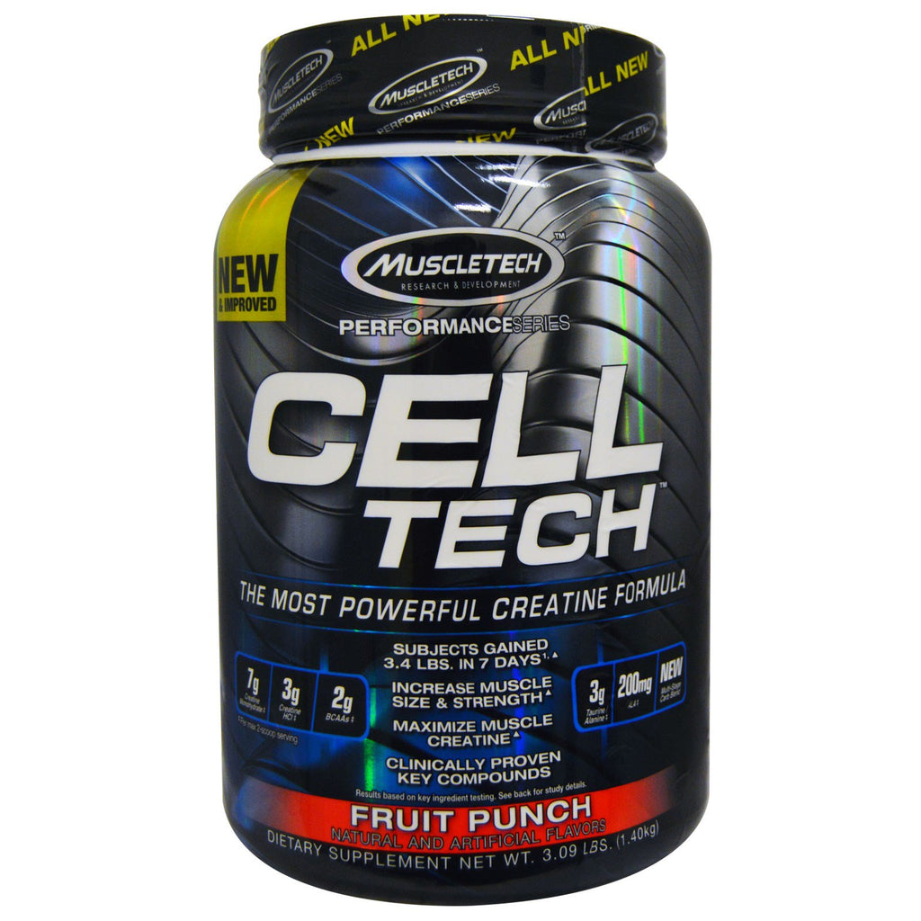 Muscletech, Cell Tech, נוסחת הקריאטין החזקה ביותר, אגרוף פירות, 3.09 פאונד (1.40 ק"ג)