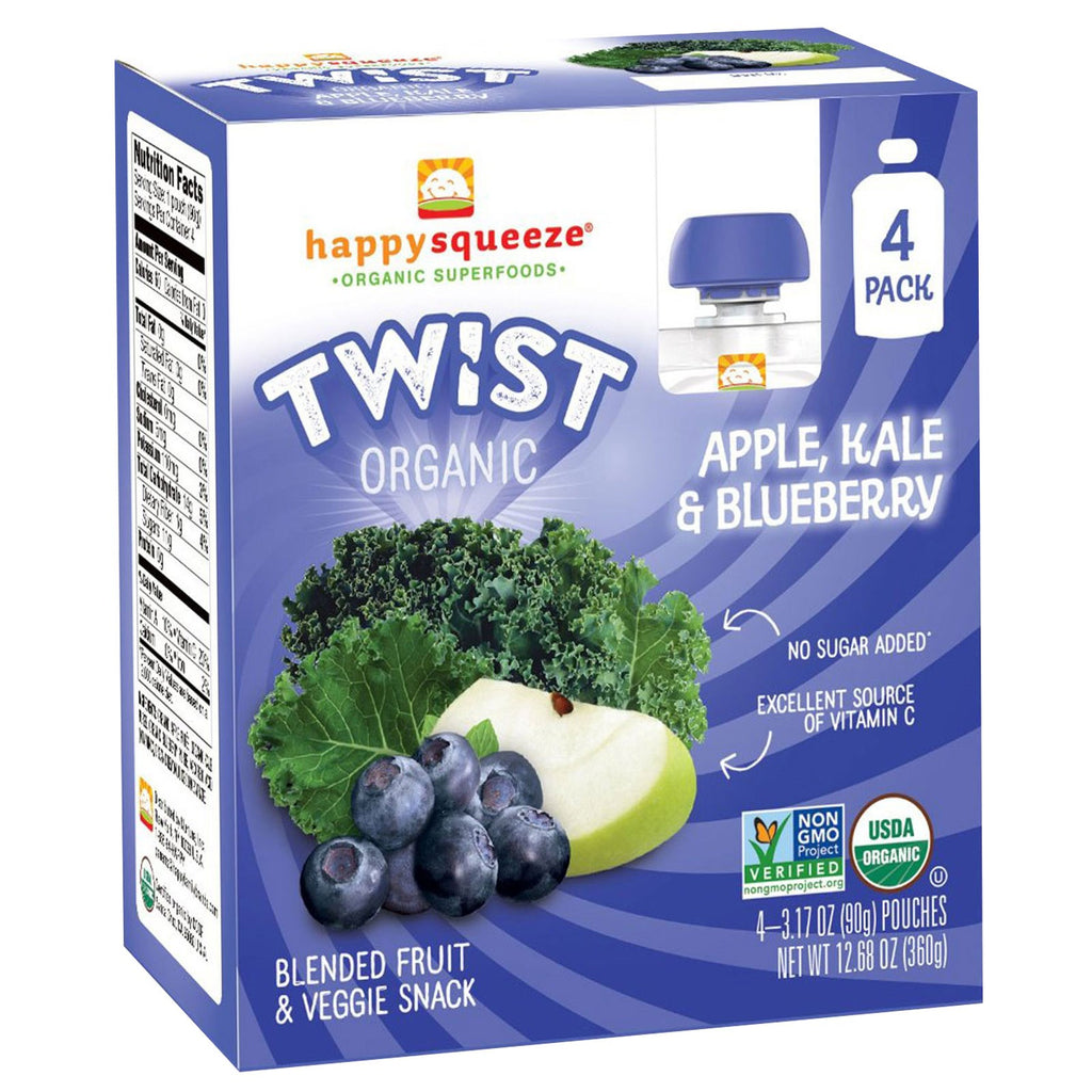Nurture Inc. (Happy Baby) Happy Squeeze Superfoods Twist Apple Kale &amp; Blueberry 4 bolsas de 3,17 oz (90 g) cada una