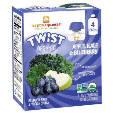 Nurture Inc. (Happy Baby) Happy Squeeze Superfoods Twist Apfelkohl und Blaubeere, 4 Beutel à 3,17 oz (90 g).