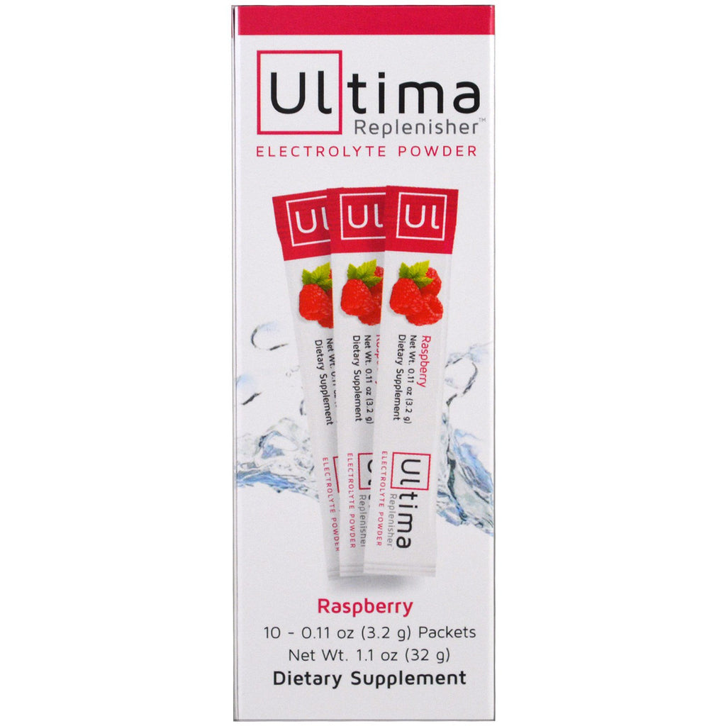 Ultima Health Products, Electrolito en polvo Ultima Replenisher, frambuesa, 10 paquetes, 0,11 oz (3,2 g) cada uno
