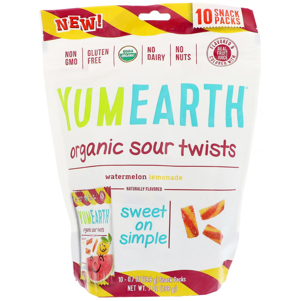 YumEarth, Sour Twists, Watermelon Lemonade, สแน็ค 10 ซอง, 0.7 ออนซ์ (19.8 กรัม) ต่อชิ้น