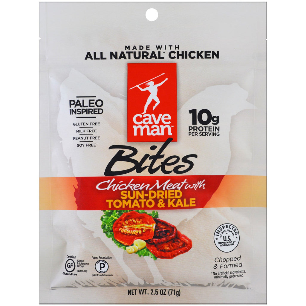 Caveman Foods, Bites, เนื้อไก่พร้อมมะเขือเทศตากแห้งและคะน้า, 2.5 ออนซ์ (71 กรัม)