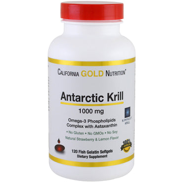 California Gold Nutrition, aceite de krill antártico, con astaxantina, RIMFROST, sabor natural a fresa y limón, 1000 mg, 120 cápsulas blandas de gelatina de pescado