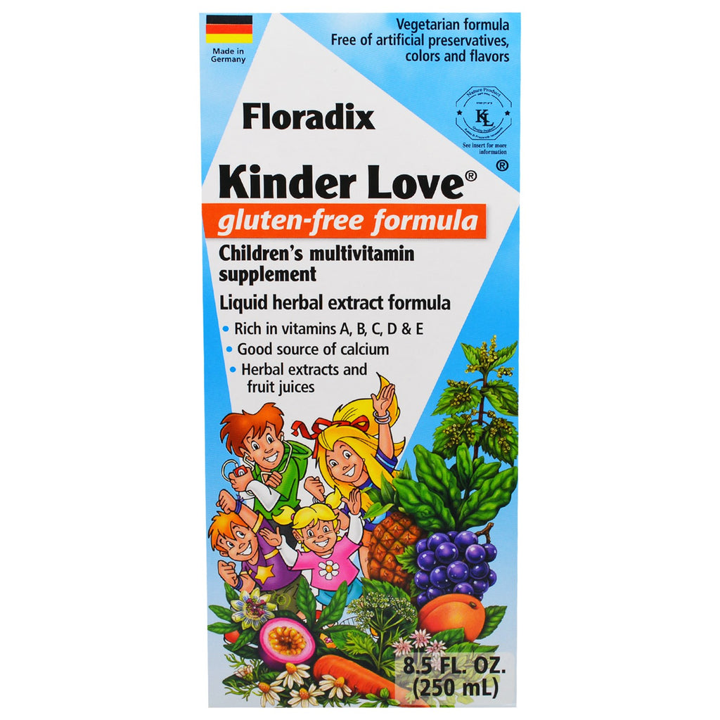 Flora, Floradix, Kinder Love, multivitamintilskudd for barn, glutenfri formel, 8,5 fl oz (250 ml)