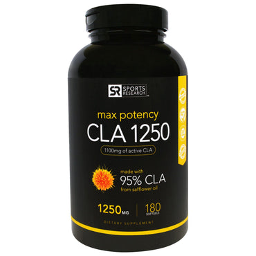 Sports Research, CLA 1250, Potência Máxima, 1250 mg, 180 Cápsulas Softgel