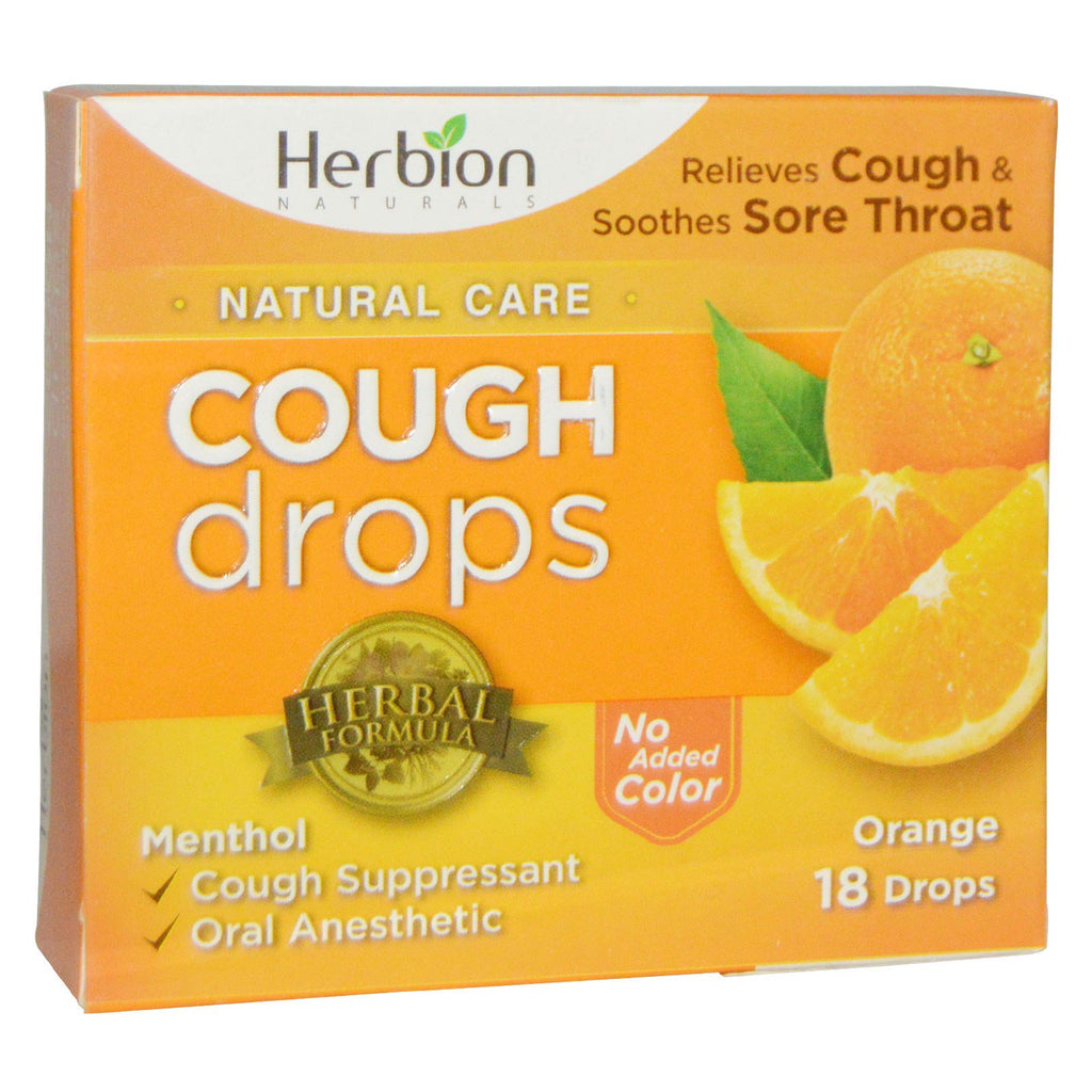 Herbion、ナチュラルケア、咳止めドロップ、オレンジ、18 滴