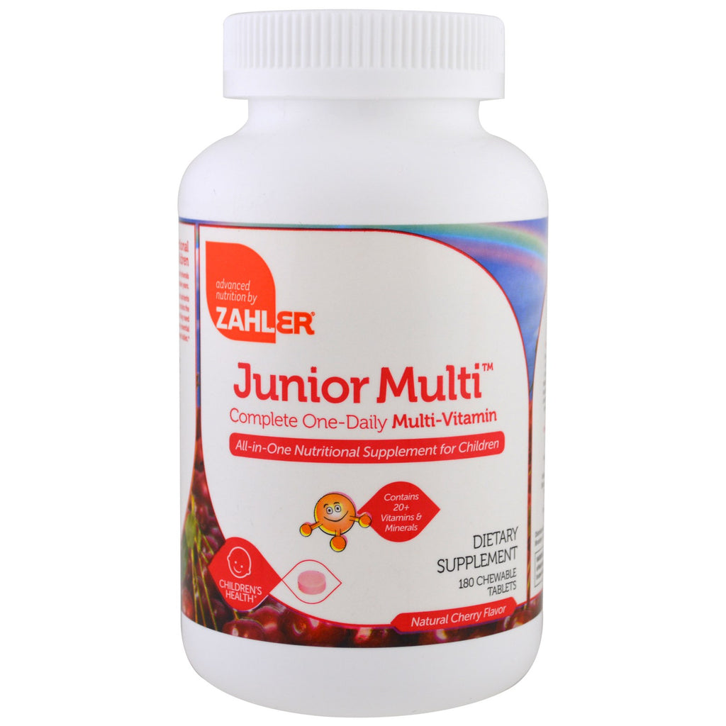 Zahler, junior multi, kompletny multiwitaminowy codzienny produkt o naturalnym smaku wiśniowym, 180 tabletek do żucia