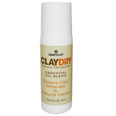 Zion Health, Clay Dry natuurlijke roll-on deodorant, 3 oz (89 ml)
