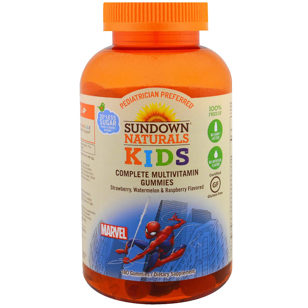 Sundown naturals kids, gomas multivitamínicas completas, marvel spiderman, sabor morango, melancia e framboesa, 180 gomas