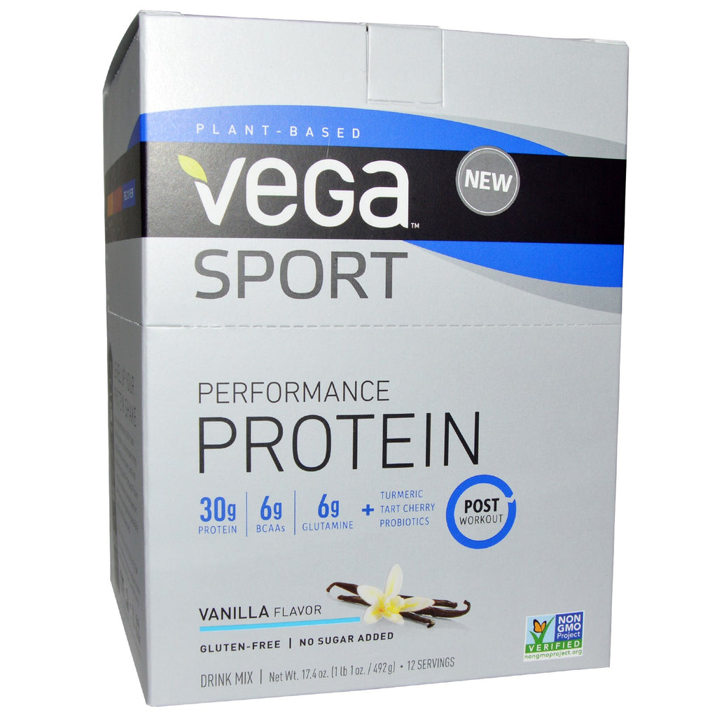Vega, Sport Performance Protein Drink Mix, Vaniljsmak, 12 paket, 1,45 oz (41 g) vardera