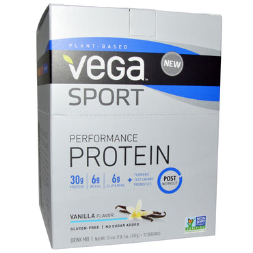 Vega, Sport Performance Protein Drink Mix, Vaniljesmag, 12 pakker, 1,45 oz (41 g) hver