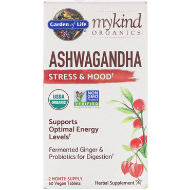 Garden of Life, MyKind s, Ashwagandha, estrés y estado de ánimo, 60 comprimidos veganos