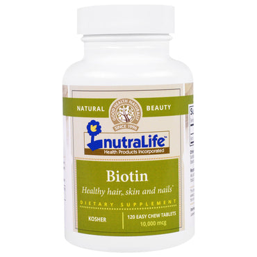 NutraLife, biotina, 10 000 mcg, 120 tabletas fáciles de masticar