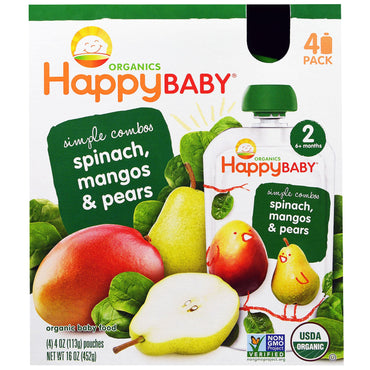 Nurture Inc. (Happy Baby) Aliments pour bébés aux épinards, mangues et poires, paquet de 4 - 4 oz (113 g)