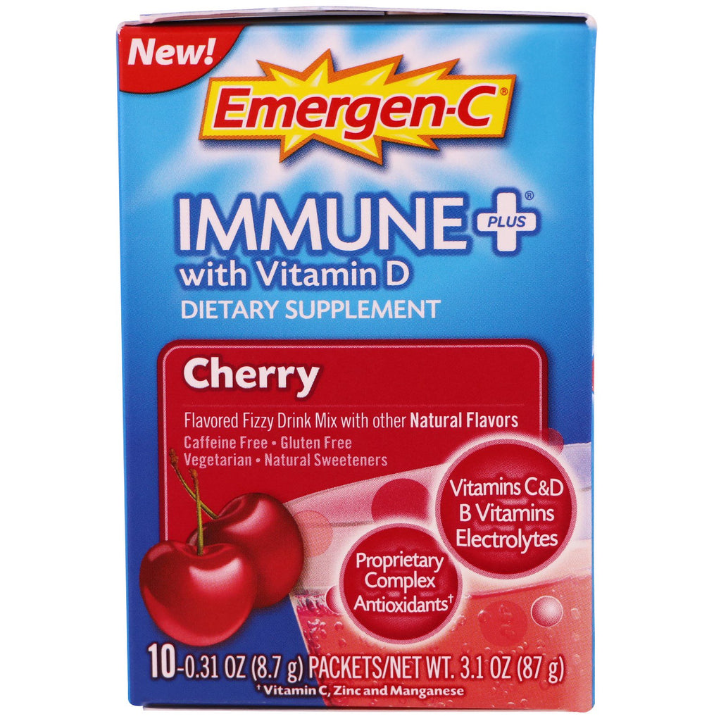 Emergen-C, Immune Plus med vitamin D, kirsebær, 10 pakker, 0,31 oz (8,7 g) hver