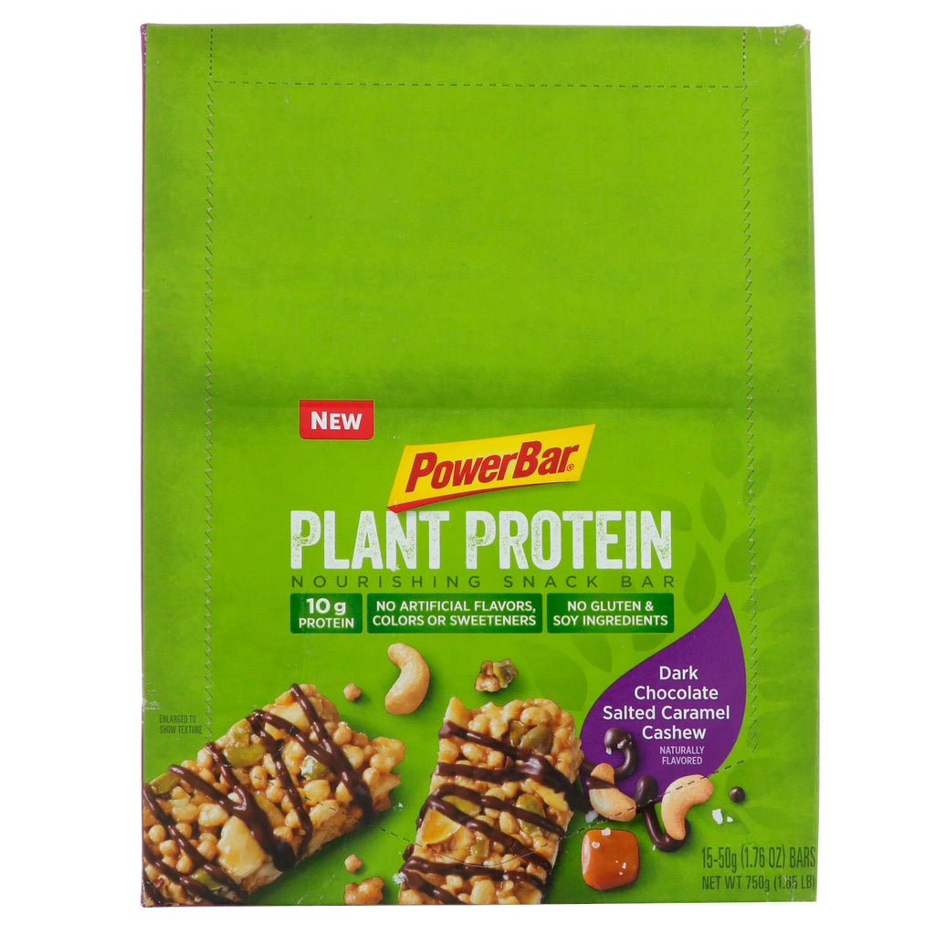 PowerBar, proteína vegetal, anacardo y caramelo salado con chocolate amargo, 15 barras, 50 g (1,76 oz) cada una
