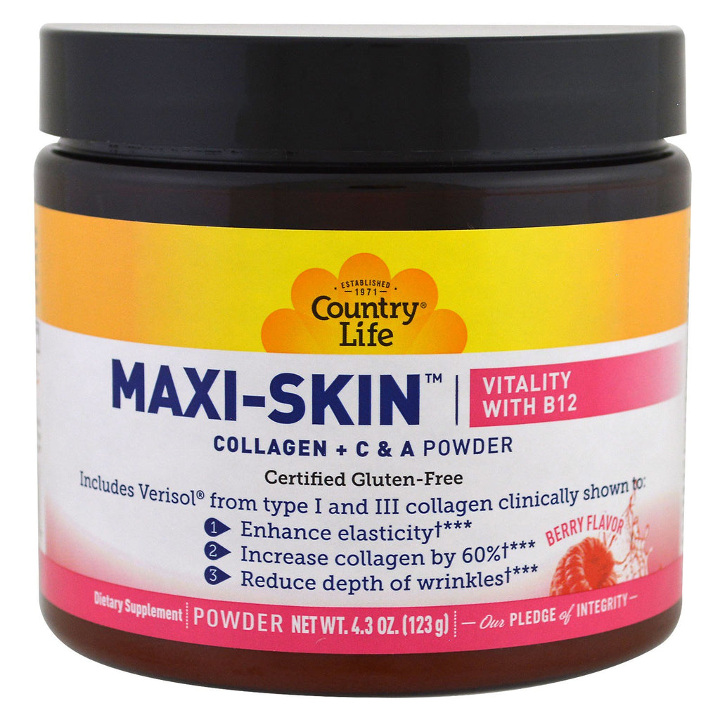 Country Life, Maxi-Skin, vitalitet med B12, bærsmak, pulver, 4,3 oz (123 g)