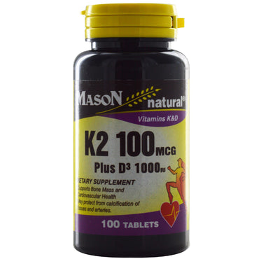 Mason Natural, K2 Plus D3، 100 ميكروجرام/1000 وحدة دولية، 100 قرص