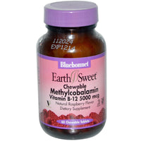 Bluebonnet Nutrition, EarthSweet, Methylcobalamin, Vitamin B-12, Natural Raspberry Flavor, 5000 mcg, 60 Chewable Tablets