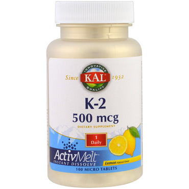 KAL, K-2, Limão, 500 mcg, 100 Microcomprimidos