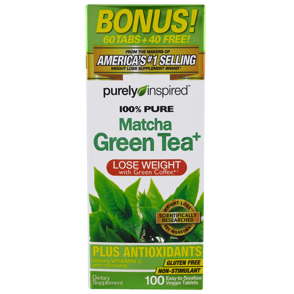 Czysto inspirowana, czysta zielona herbata Matcha+, 100 łatwych do połknięcia tabletek wegetariańskich