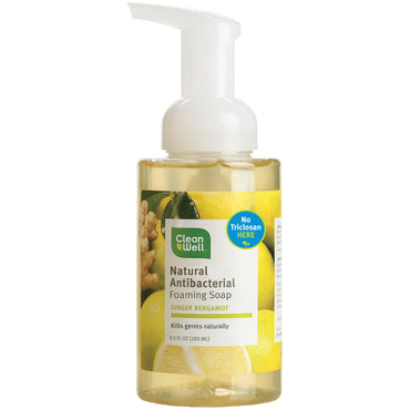 Clean Well, صابون رغوي طبيعي مضاد للبكتيريا، الزنجبيل والبرغموت، 9.5 أونصة سائلة (280 مل)