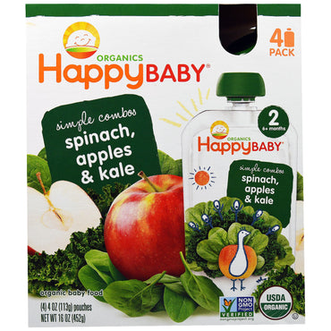 Nurture Inc. (Happy Baby) Aliments pour bébés Stage 2 Combos simples Épinards, pommes et chou frisé 4 sachets de 4 oz (113 g) chacun