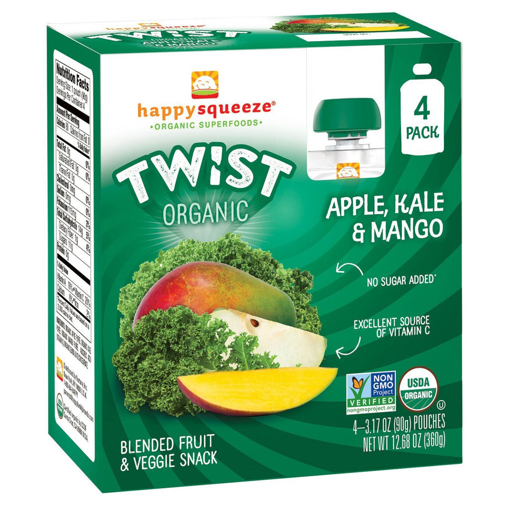 Nurture Inc. (Happy Baby) Happy Squeeze Superfoods Twist Apple Kale &amp; Mango 4 bolsas de 3,17 oz (90 g) cada una