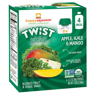 Nurture Inc. (Happy Baby) Happy Squeeze Superfoods Twist Apfelkohl und Mango, 4 Beutel à 3,17 oz (90 g).