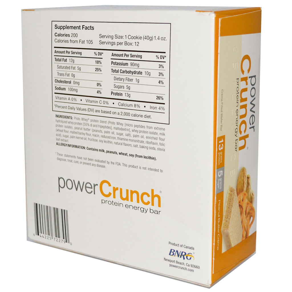 BNRG Power Crunch Protein Energy Bar Crema al burro di arachidi 12 barrette da 40 g (1,4 oz) ciascuna