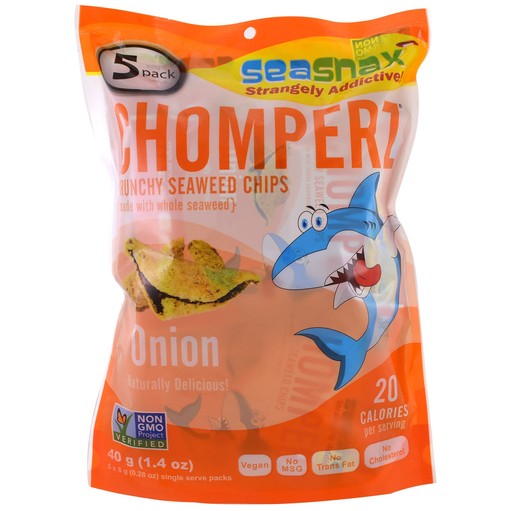 SeaSnax, Chomperz, Crunchy Seaweed Chips, løk, 5 enkeltserveringspakker, 0,28 oz (8 g) hver