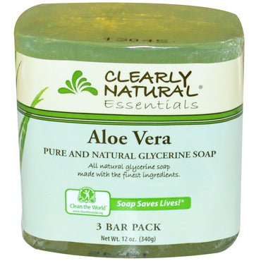 Clearly Natural, Essentials, Savon à la glycérine pure et naturelle, Aloe Vera, paquet de 3 barres, 4 oz chacune
