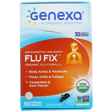 Genexa, Flu Fix, Flu Formula, saveur de baie d'açaï, 60 comprimés à croquer