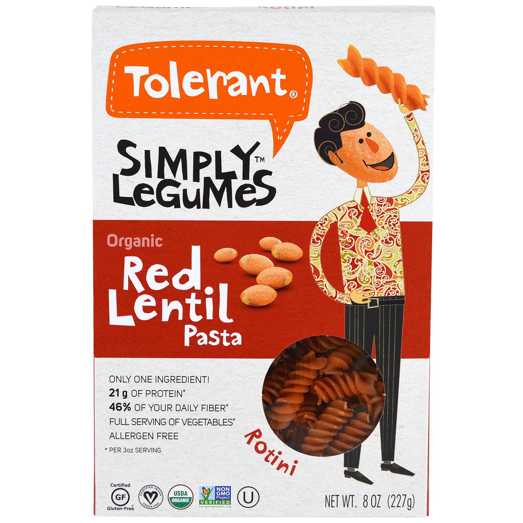 Tolerant Simply Legumes  Red Lentil Pasta Rotini 8 oz (227 g)