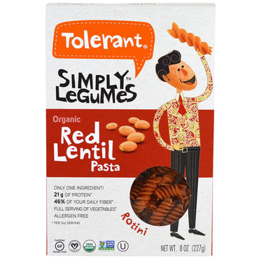 Tolerant Simply Legumes Rotini de paste cu linte roșie 8 oz (227 g)