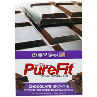 PureFit Bars Barras Nutricionais Premium Brownie de Chocolate 15 Barras 2 onças (57 g) Cada