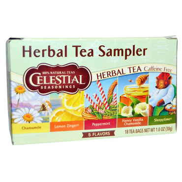 Celestial Seasonings, عينات شاي الأعشاب، خالي من الكافيين، 5 نكهات، 18 كيس شاي، 1.0 أونصة (30 جم)