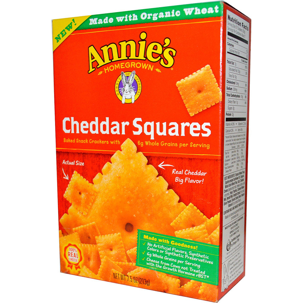 Annie's Homegrown, quadratini di formaggio cheddar, cracker snack al forno con cereali integrali, 7,5 once (213 g)