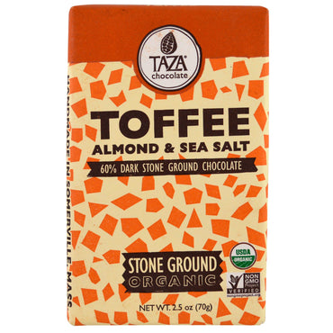 Taza Chocolate, , 60% Dark Stone Ground Chocolate Bar, Toffee, Almond & Sea Salt, 2.5 oz (70 g)